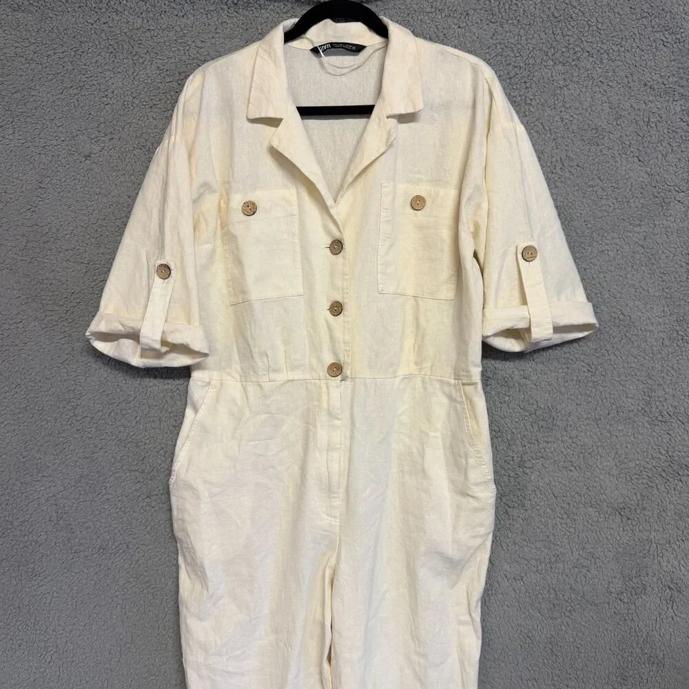 ZARA Linen Blend Jumpsuit Womens L White Roll Tab Sleeves Button Collar Resort